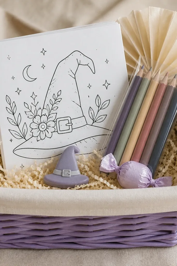 A pastel purple basket with a simple cream liner. Neutral filler is light beige shredded paper. Inside is a coloring book with a witch hat line drawing in black and white. A set of 6 colored pencils in muted tones sits in a clear sleeve. A small eraser shaped like a hat sits at the front. The top has a cream tissue fan and one lavender wrapped candy.