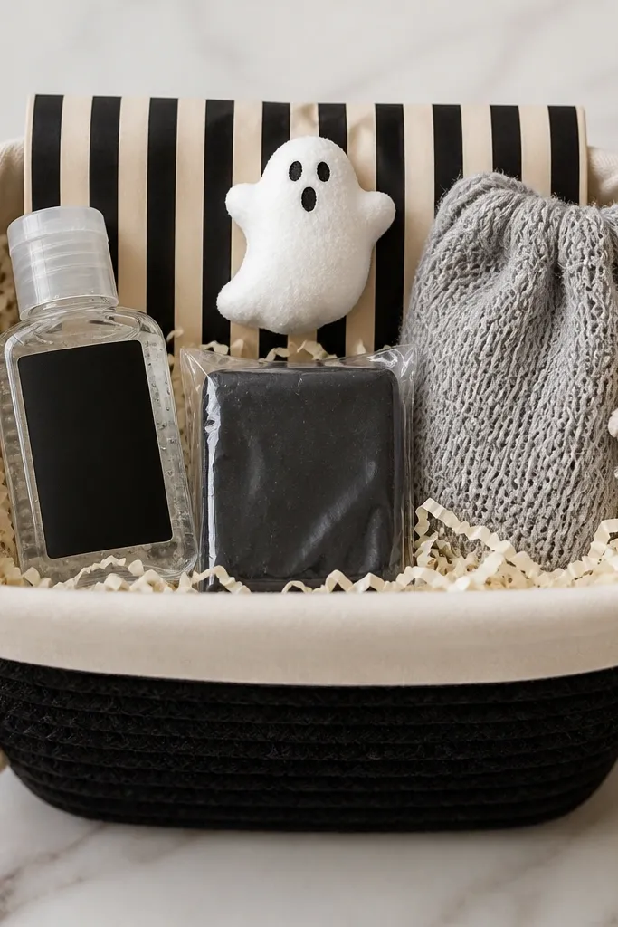 A rope-handle basket with black sides and cream lining. Inside is cream shredded paper. A small black soap bar in a clear sleeve sits in the center. On the left is a mini hand sanitizer with a black label. On the right is a small loofah pouch in light gray. The top has a black-and-cream striped paper wrap and a tiny foam ghost.
