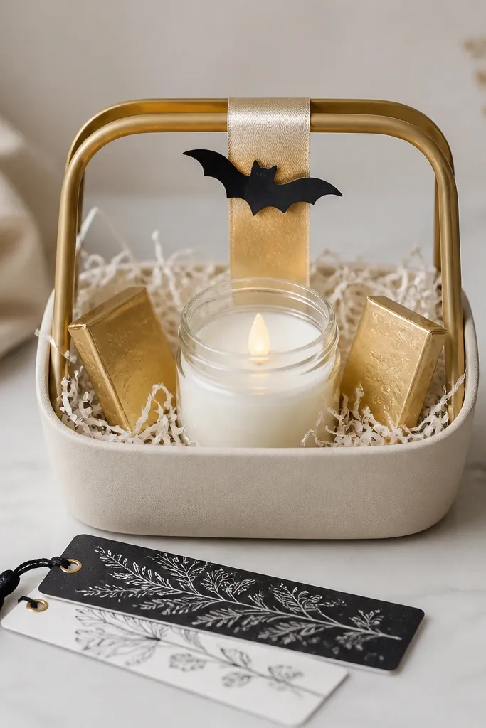 A mini basket with a neutral base and a matte gold handle accent. Inside is white shredded paper. A small flameless white candle in a clear jar sits in the center. A black-and-white bookmark set lies flat in front. Two mini bars of chocolate with simple gold-toned wrappers sit on the sides. The top has a gold ribbon strip and a tiny black bat cutout.