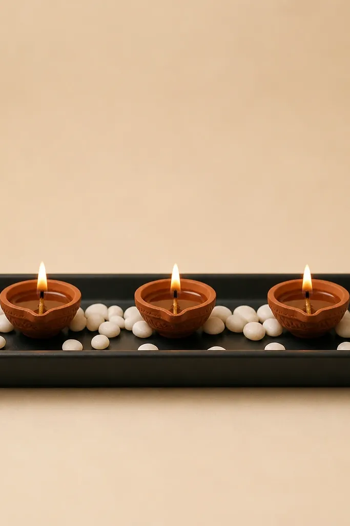 A matte black rectangular tray holds three small diyas in a straight line. White smooth pebbles form a thin centerline behind the diyas, with a few pebbles scattered sparsely on the sides. The background is plain cream.
