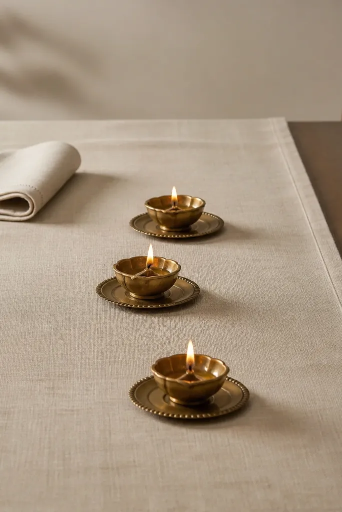A natural linen runner lies on a table. Three diyas sit on small brass-toned rounds like coin-like holders. The background is uncluttered, with only a single folded napkin near one end.