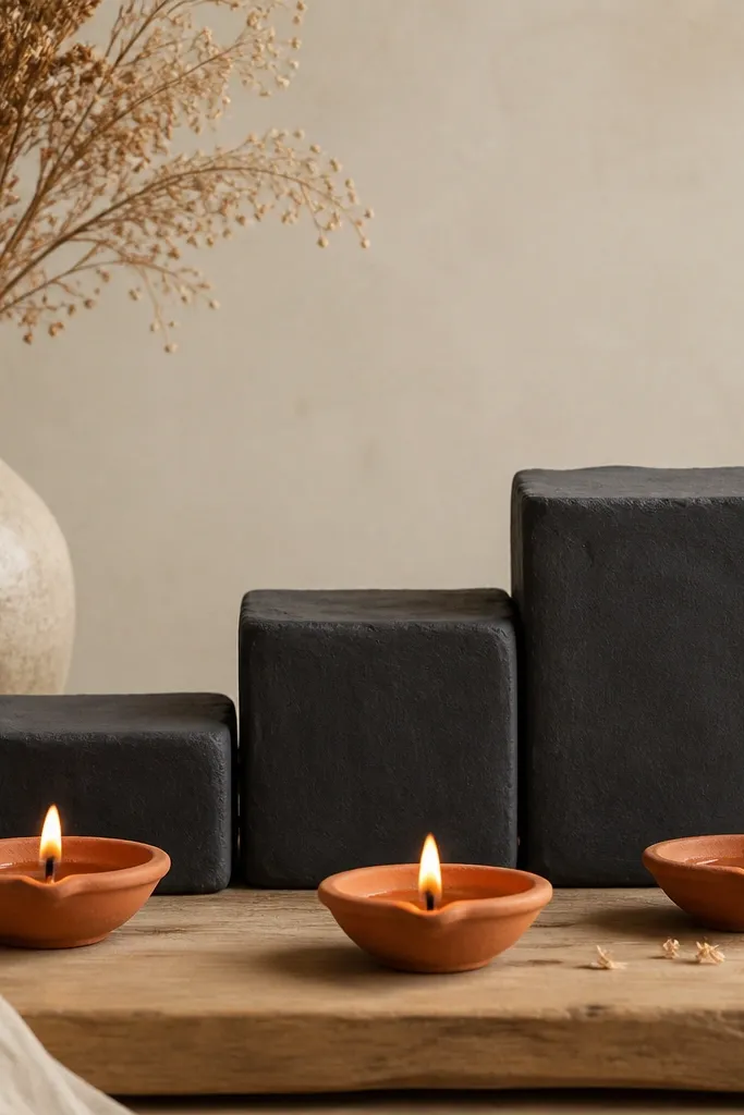 Small handmade clay risers painted matte charcoal are arranged behind and beside three diyas. The risers are stacked in three heights, forming a clean staircase shape. Everything sits on a light wooden board.
