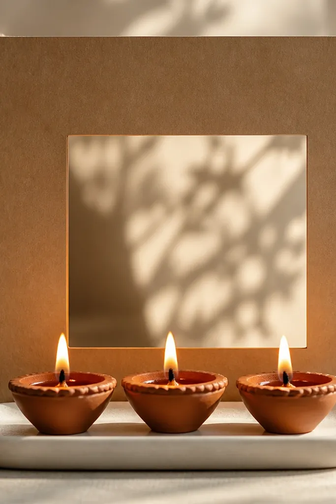 A kraft paper sheet is propped upright behind three diyas. A simple rectangular cutout window is centered on the kraft paper, framing the flames. The diyas sit on a small white tray in front.
