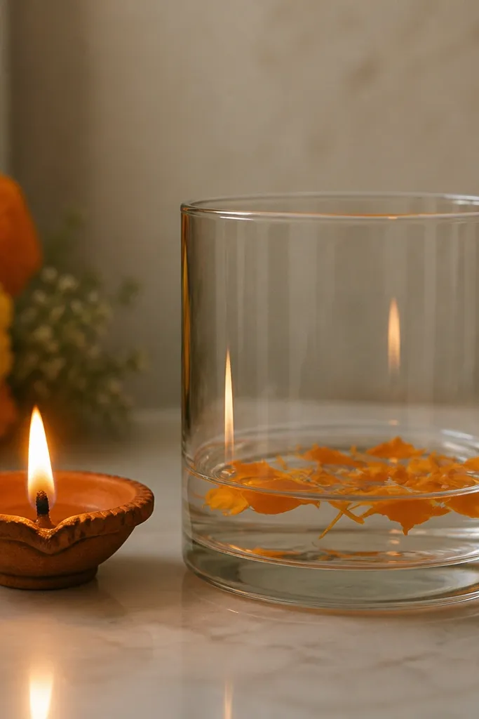 A clear glass cylinder is placed next to a diya. Inside, a shallow layer of water holds a few marigold petals. The flame is reflected subtly in the glass.
