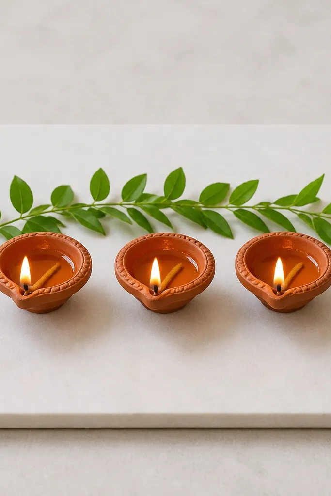 A matte white tile square holds three diyas. A single line of fresh green leaves runs behind the diyas in a gentle curve. No other decor is visible.