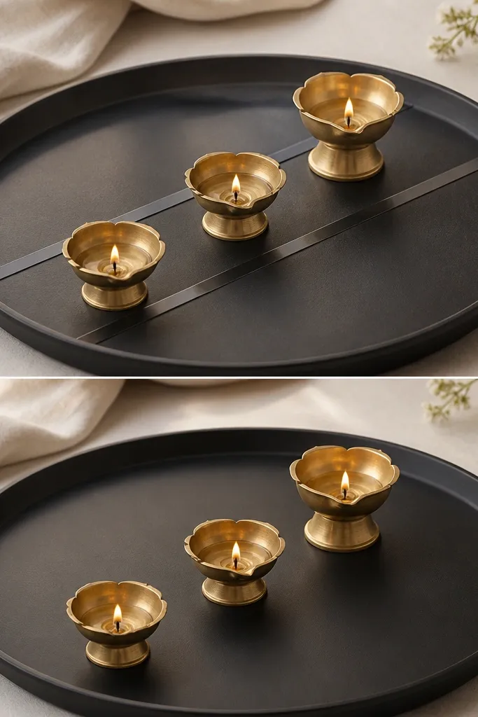 A tray has three diyas with different heights. Before gluing, thin black tape lines are visible on the tray forming a straight layout. Finished version shows clean spacing and a uniform black tone.