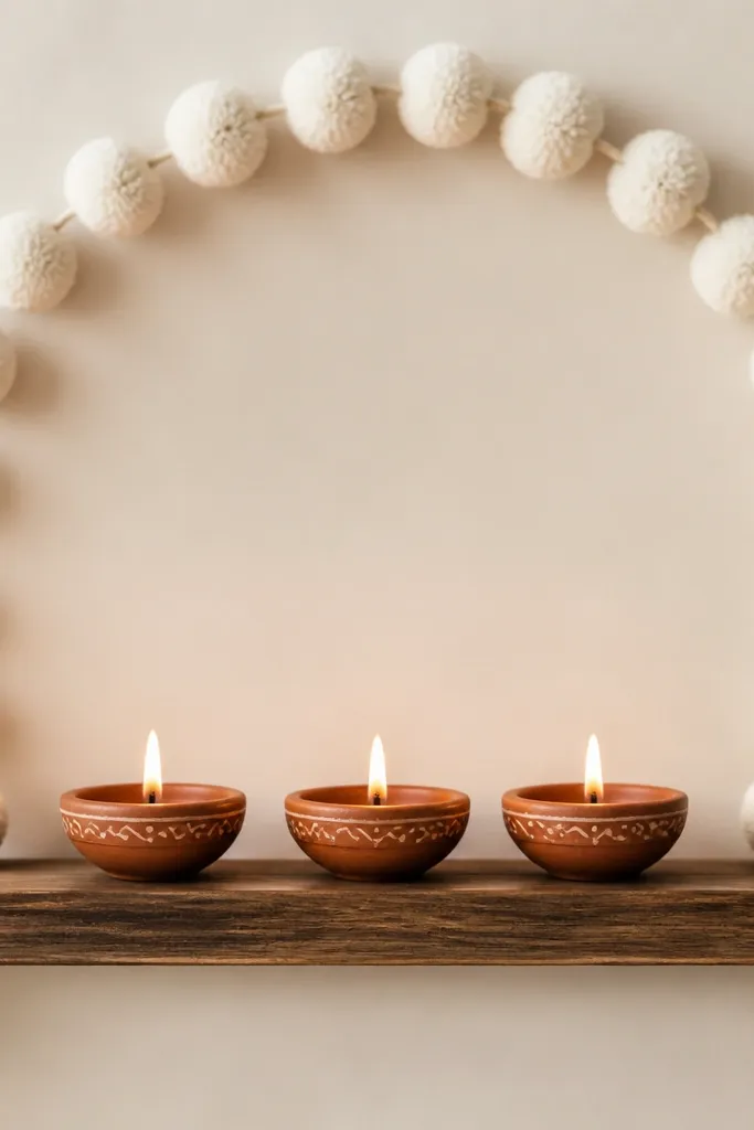A white cotton pom-pom garland hangs behind three diyas on a narrow wooden shelf. The diyas sit centered, and the garland forms a soft halo shape. Background is neutral.