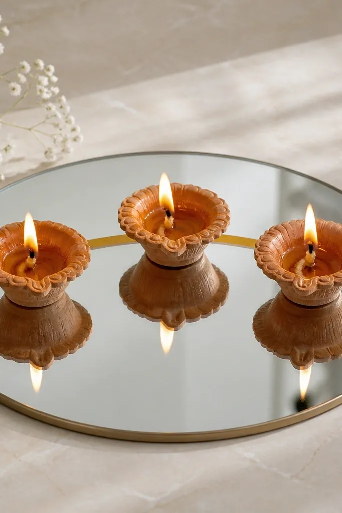 A round mirror tray holds three diyas. A thin gold strip of tape or gold paint line runs behind the diyas like an arc. The mirror reflects the flames.