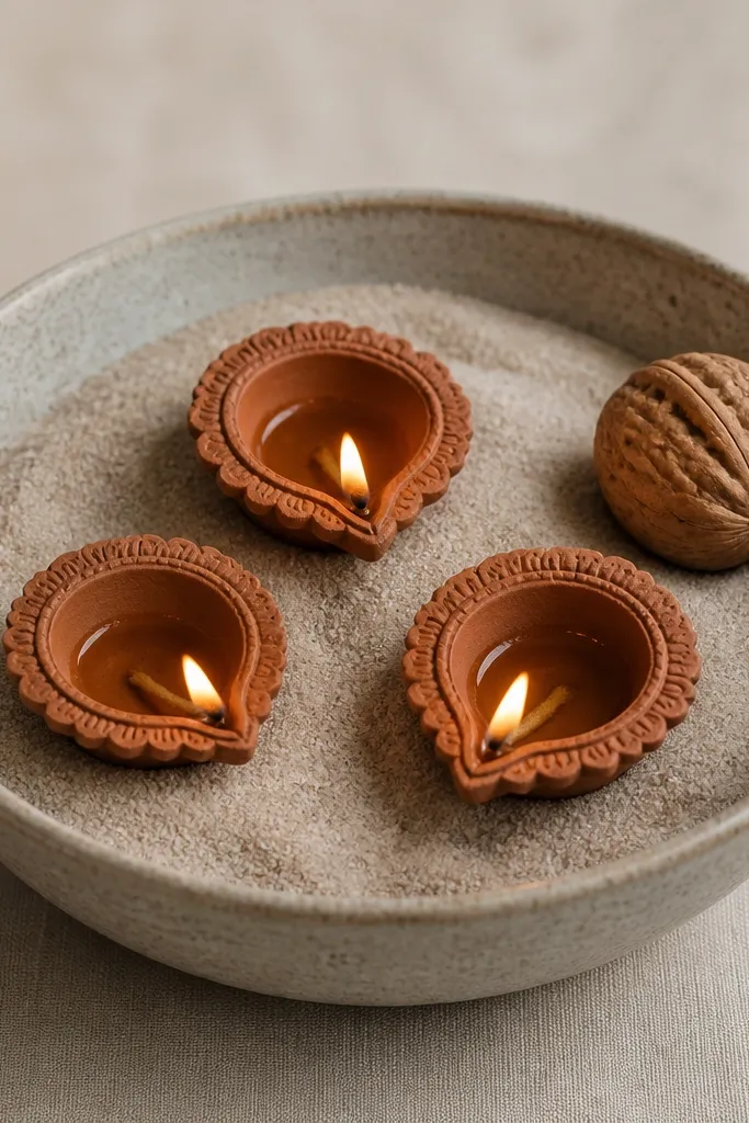 A small stoneware bowl is filled with clean light sand. Three diyas sit on the sand, and one whole walnut rests near the edge. The color palette is neutral.