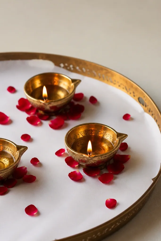 A tray is lined with plain white paper. Around three diyas, there are only a few scattered petals in a single color, forming a light halo. The background is plain and uncluttered.