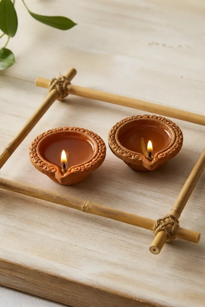 Two diyas sit inside a simple bamboo stick frame made from four sticks tied with twine. The frame is placed on a light wooden board. Everything is clean and simple.