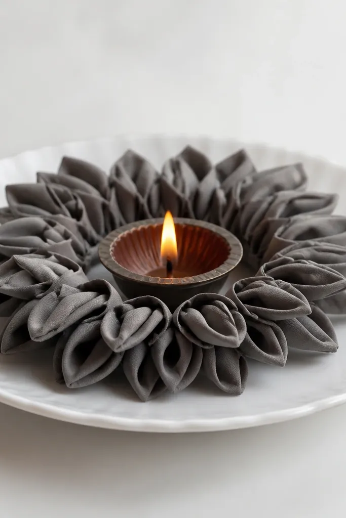 A single diya sits in the center of a ring made from folded monochrome fabric petals (matte gray). The ring sits on a white plate. Background is plain.
