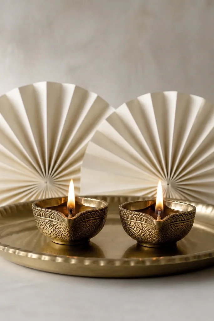 Two diyas sit side-by-side on a tray. Behind them, two accordion-fold paper fans in off-white create a geometric background. The fans are centered and symmetrical.