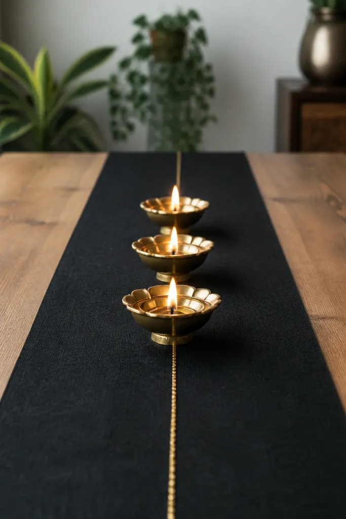 A black felt strip runs horizontally across a table. A straight gold thread line is stitched or taped down the center. Three diyas sit centered on the runner.