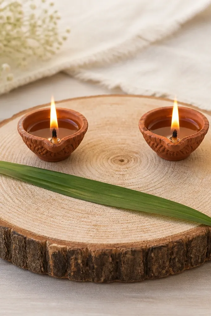 A round wood slice sits on a table. Two diyas sit on the slice, spaced evenly. One thin green leaf rests diagonally across the slice like a banner.