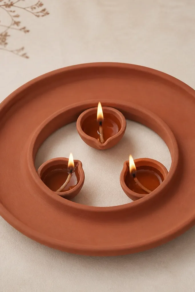 A terracotta ring-shaped tray holds three tiny diyas around the inner circle. The outer ring is bare. The background is light beige.