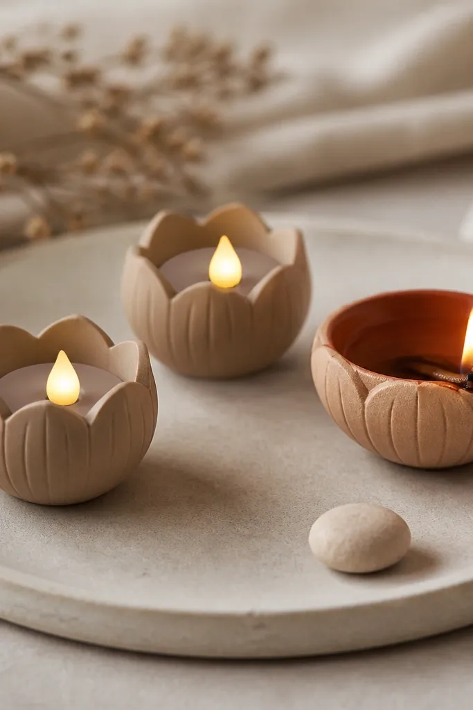 Two LED diyas in a matching matte finish sit beside one real diya. The setup is on a neutral tray with a single small stone accent. The lighting looks soft and controlled.