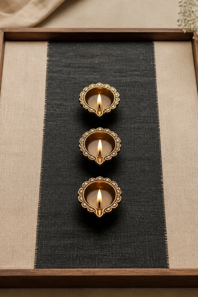 A tray is lined with two-tone fabric: beige on the sides and charcoal in the center. Three diyas sit centered on the charcoal strip with a clear negative space around them.