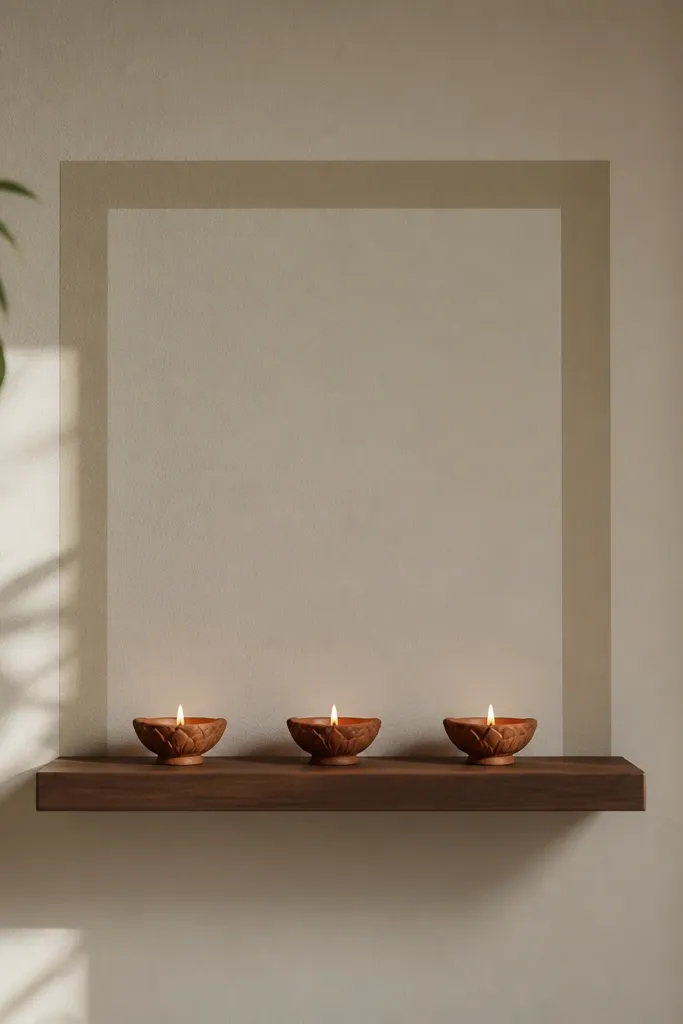A floating shelf has three diyas in a row. Behind them, a rectangle frame is made with painter's tape on the wall, later replaced by a neat matte paint or removable tape after finishing. The shelf is uncluttered.