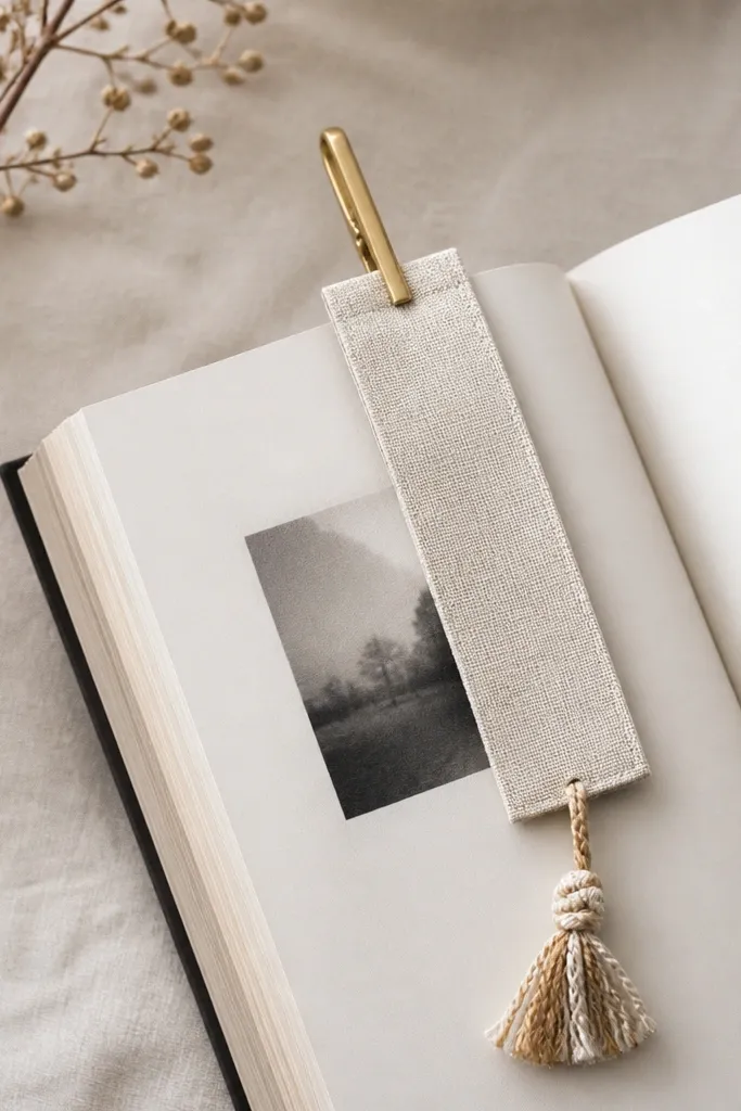 A slim brass alligator clip holding a cream bookmark strip made from textured faux-linen fabric, with a short knotted tassel in oat and sand threads and a clean matte finish.