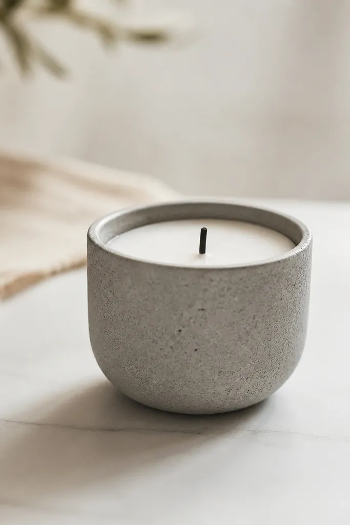 A small, smooth gray concrete cup with a subtle pebble texture, holding a short white pillar candle, with a thin black wick tab and a clean minimal surface.