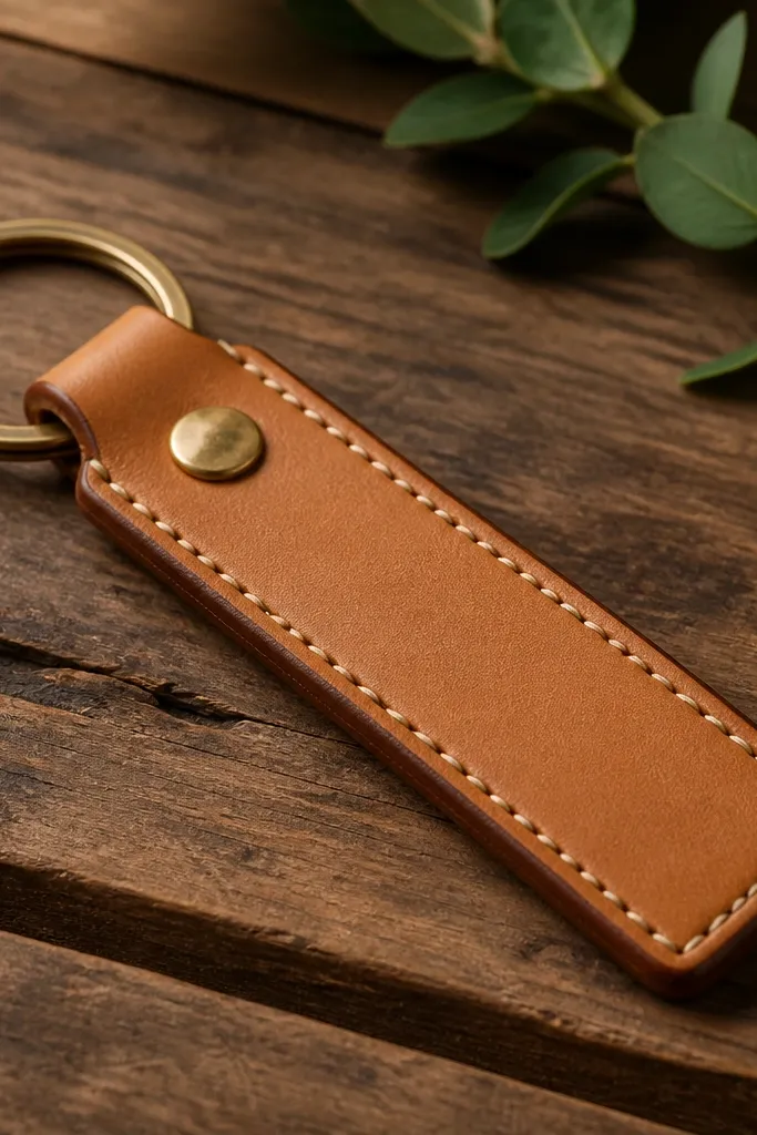A rectangular vegetable-tan leather key fob with a single row of contrast stitching, a small brass snap, and a burnished edge in honey-brown with a clean strap shape.