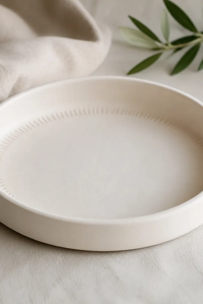 A matte off-white air-dry clay dish with a shallow lip, faint wheel marks smoothed out, and a clean circular rim with a small ring of texture inside.