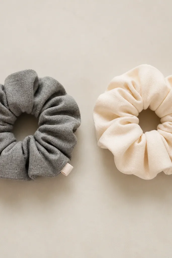 Two minimalist scrunchies side by side: one in stone gray cotton with subtle weave, one in warm cream, each with a neat seam hidden and a small fabric tag.
