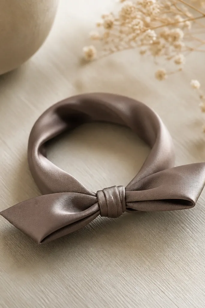 A satin ribbon tied into a clean loop hair tie, with a small hidden stopper knot inside and a neat fold that shows a soft sheen in muted taupe.