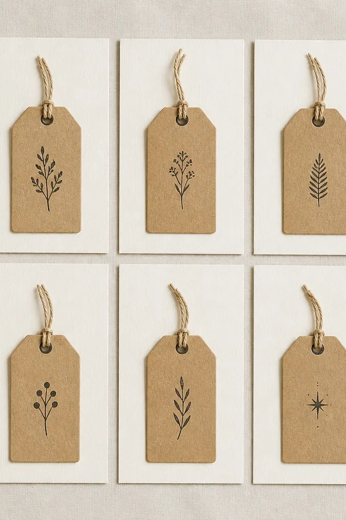A small set of kraft paper labels with crisp hand-stamped letters in dark ink, each label aligned in a minimalist grid on off-white backing cards.