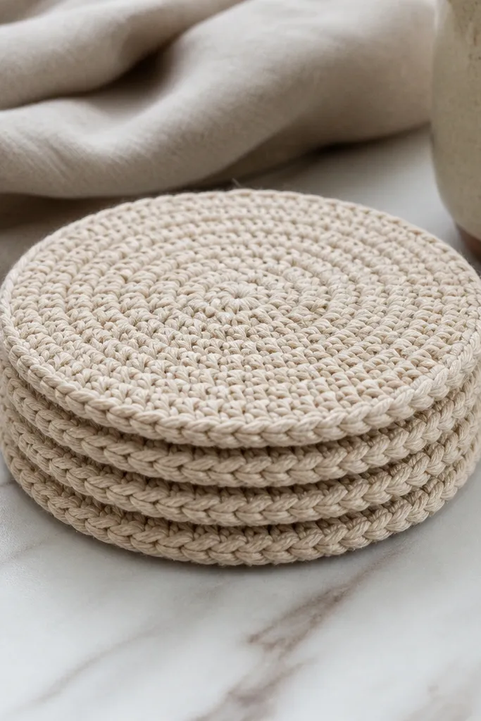 Four matching crocheted coasters in oat yarn, each with a tight stitch pattern, flat edges, and consistent circular shape stacked neatly.