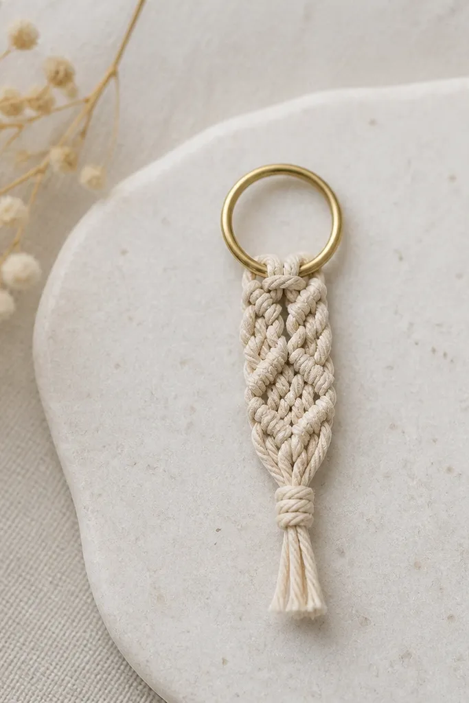 A tiny macrame charm made from thin natural cord, ending in a clean knot and a small brass keyring, shown against a neutral background.
