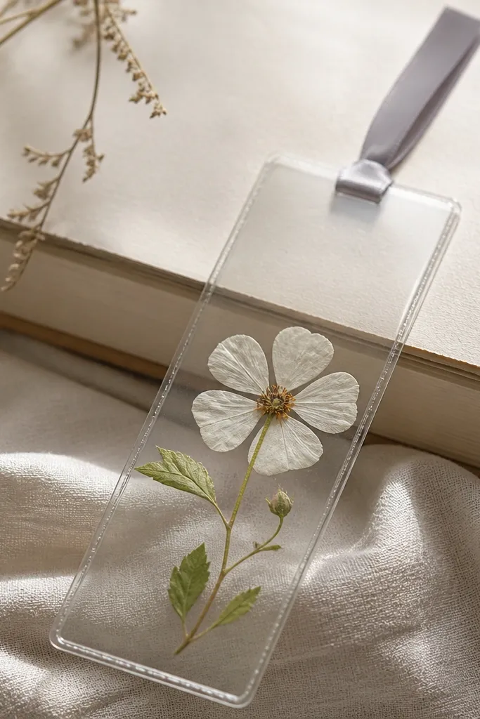 A thin transparent bookmark sleeve with a pressed white flower inside, edges sealed with a clear glossy coat, and a simple ribbon pull in pale gray.