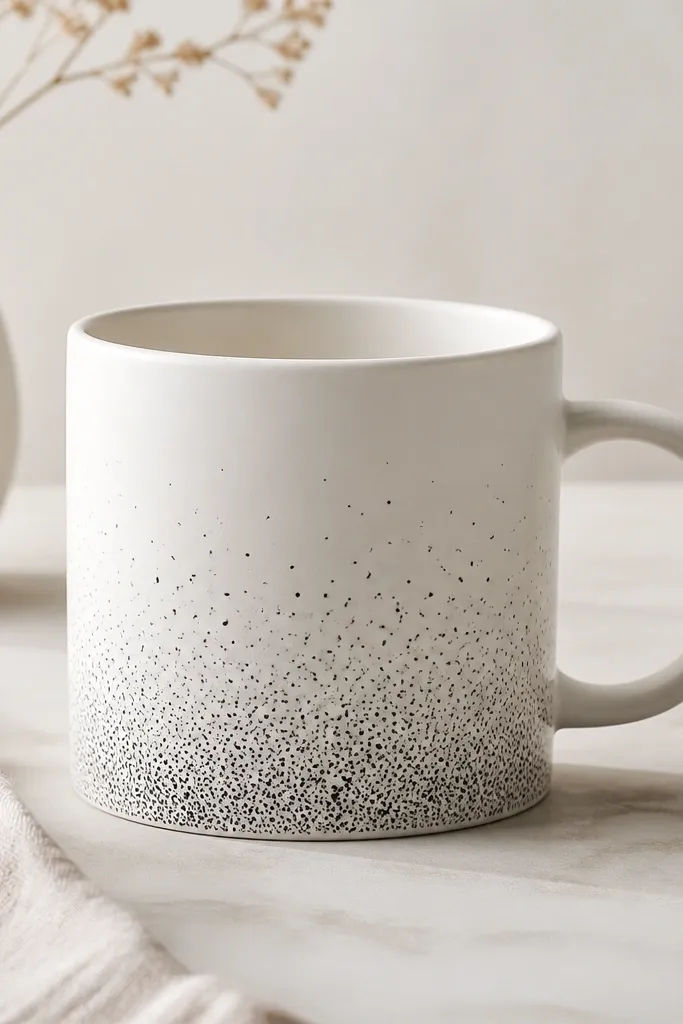 A plain white ceramic mug with a fine speckle pattern in matte black around the lower half, with crisp, clean edges and no visible brush strokes.