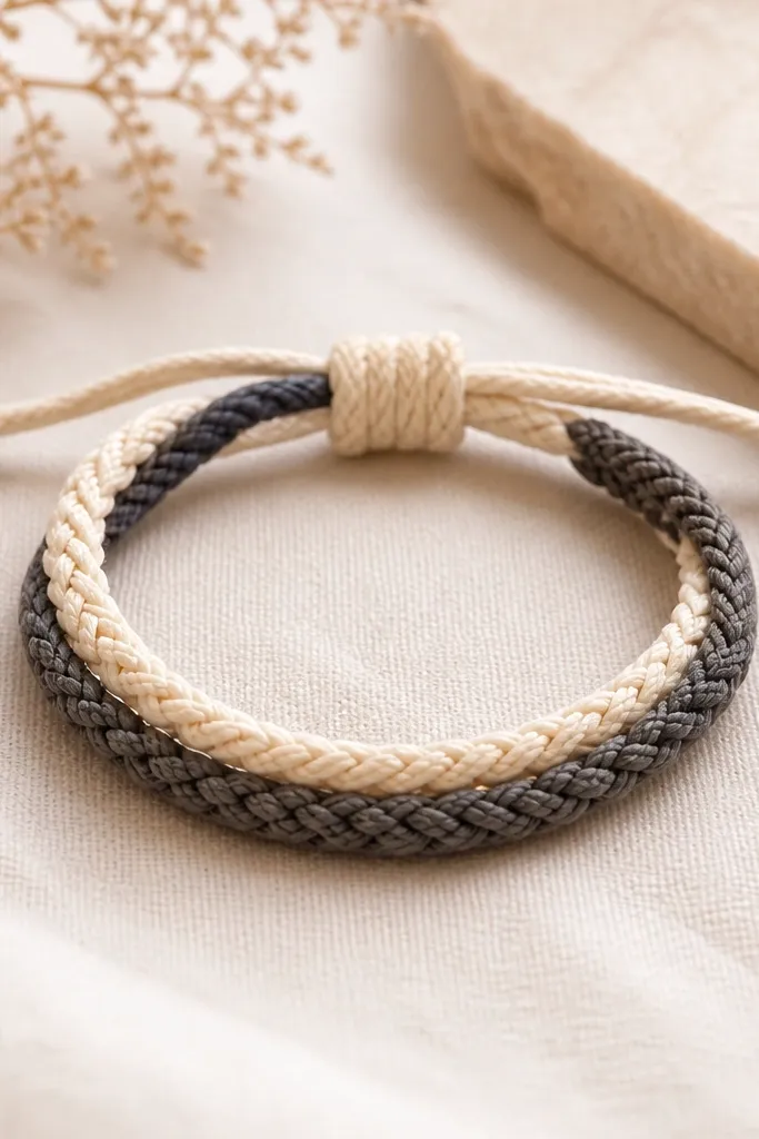 A soft fabric bracelet with two braided sections and a sliding knot closure, shown in warm cream and light charcoal with tidy ends.