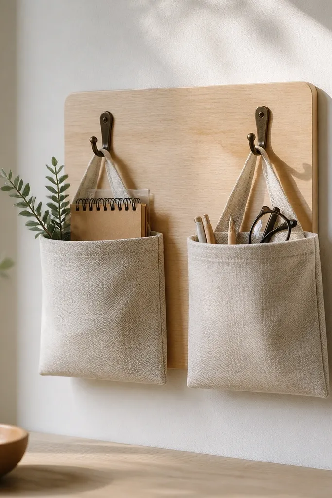 A small wall organizer made from a pale wood board with two linen pockets, each pocket stitched cleanly and hanging from two simple hooks with a neat gap.