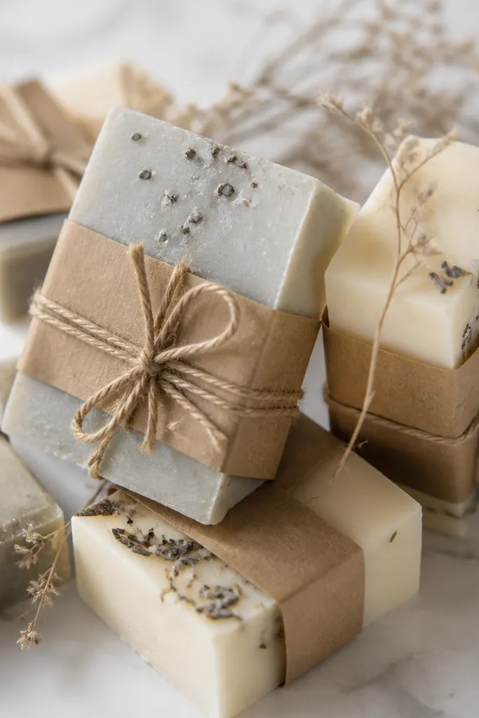 A set of minimalist soap bars in pale gray and cream, with tiny specks of dried herbs on top, each wrapped in kraft paper with a simple twine bow.