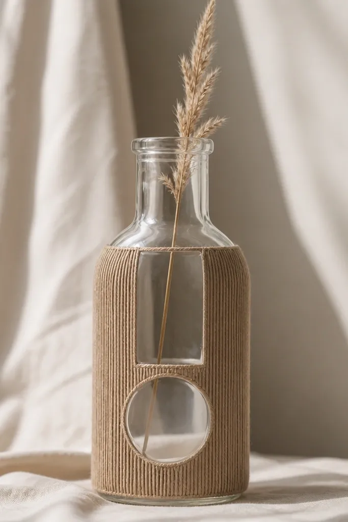 A clear glass bottle wrapped with tight neutral twine in vertical bands, with two geometric sections left bare, and a small dried grass stem inside.
