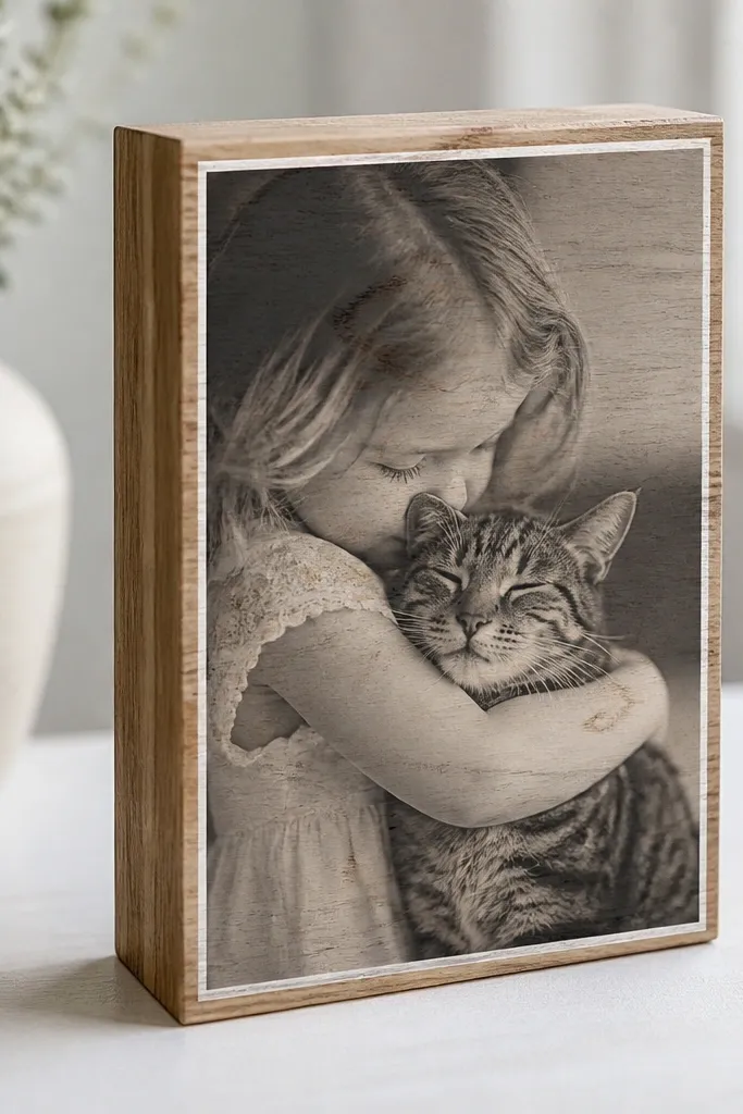 A small rectangular wood block with a monochrome photo transfer, framed by a clean white border line, with visible wood grain around the edges.