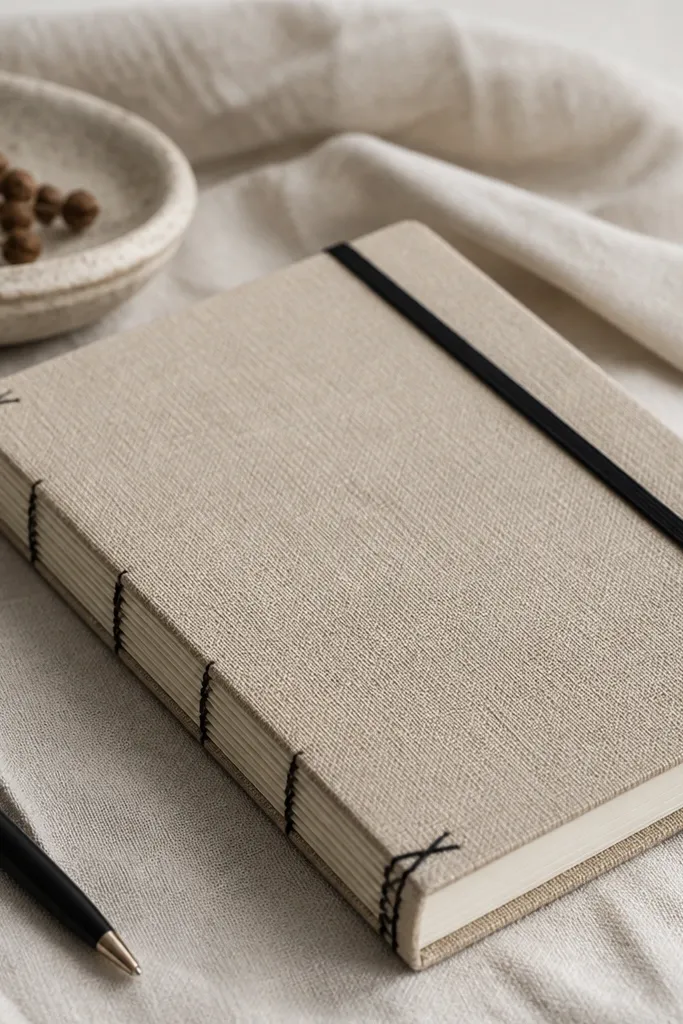 A linen-covered notebook in muted sand with a visible stitched spine, a black elastic band closure, and a simple stitched corner detail.