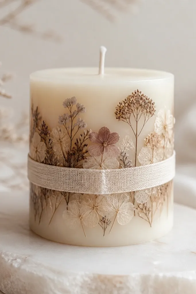 A short pillar candle wrapped with a thin band of clear dried flowers in pale tones, bound with a strip of cream fabric and sealed with neat transparent tape.