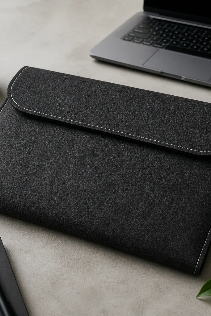 A charcoal felt laptop sleeve with a flap closure and visible contrast stitching in light gray, with a clean rectangular shape and smooth felt edges.
