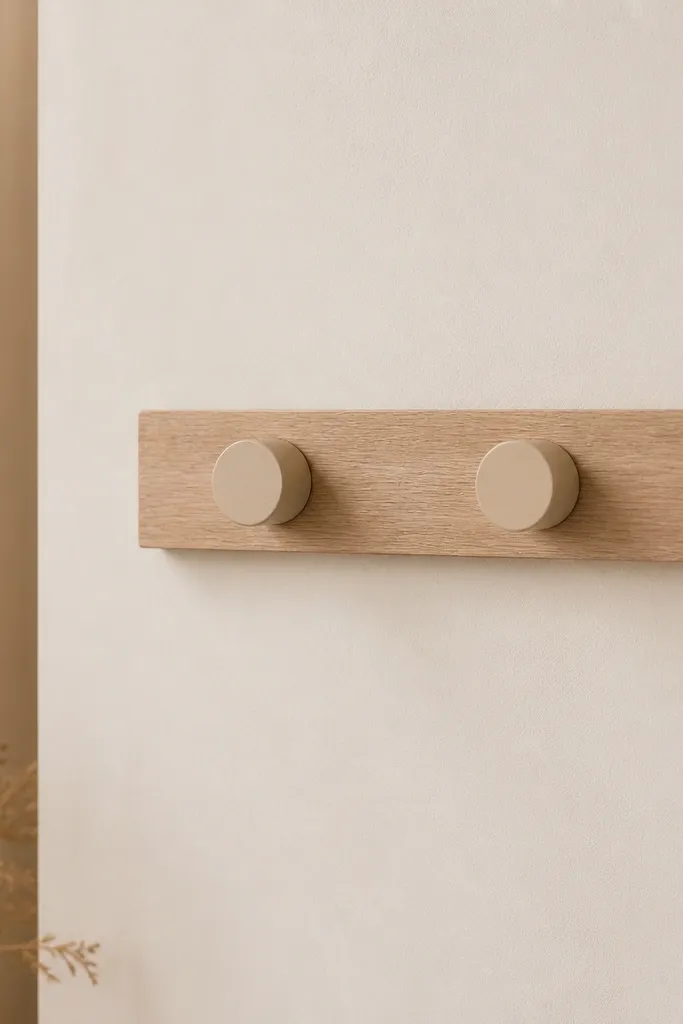A small wooden strip mounted on a wall with two matte clay peg hooks in pale sand, each peg neatly centered and aligned, with clean spacing.