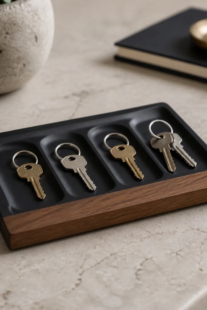 A small rectangular tray with a warm walnut front edge, matte black base, and four shallow grooves holding keys. The surface looks sealed and smooth, with a clean, single-color minimalist design.