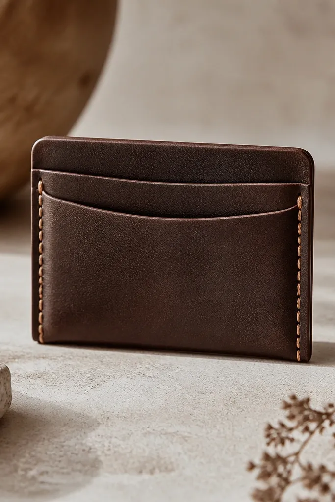 A slim dark-brown leather card case with two card slots and a front pocket. It has visible saddle stitching along the sides in a neat light tan thread, with a burnished edge and a matte finish.