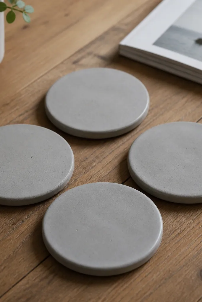 Four small round coasters: each has a smooth gray concrete top with a light cork backing. The edges look slightly softened, and the set is arranged neatly on a wooden table.