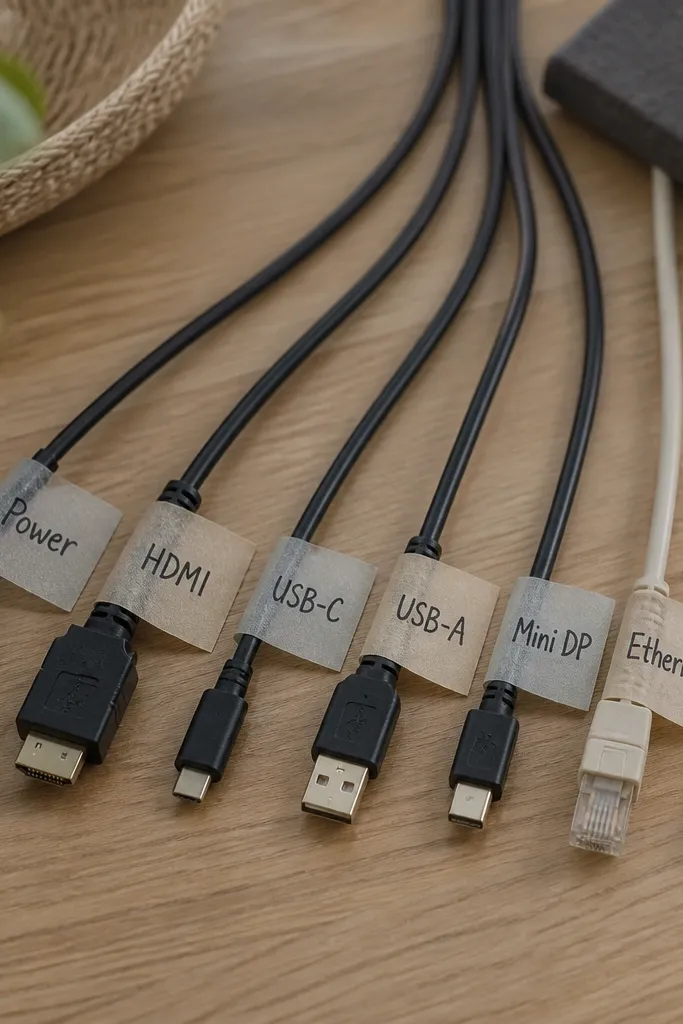 A tidy row of cable ends wrapped with thin strips of muted wash tape in gray and beige, each label handwritten in black ink. The cables are grouped and labeled neatly on a desk.