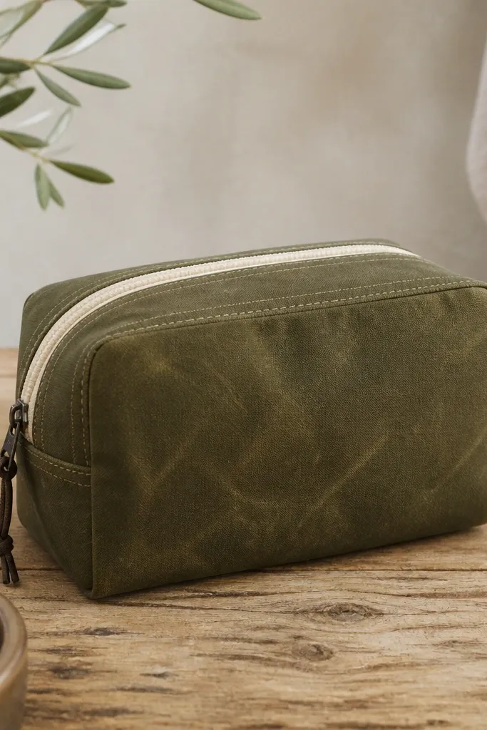 A small dopp kit made from olive waxed canvas with a cream zipper tape and contrast stitching in tan. The front has a single clean panel, and the zipper pull looks minimal and dark.