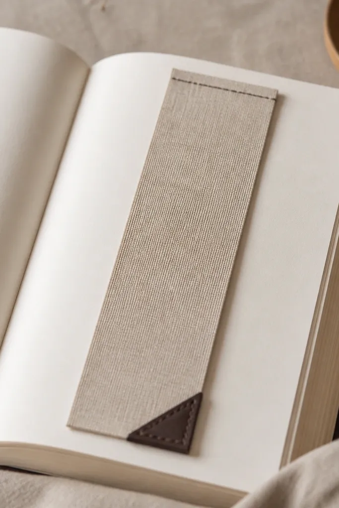 A long linen bookmark in natural beige with a small dark brown leather corner tab. It has one clean stitched line along the top and looks flat against a book page.