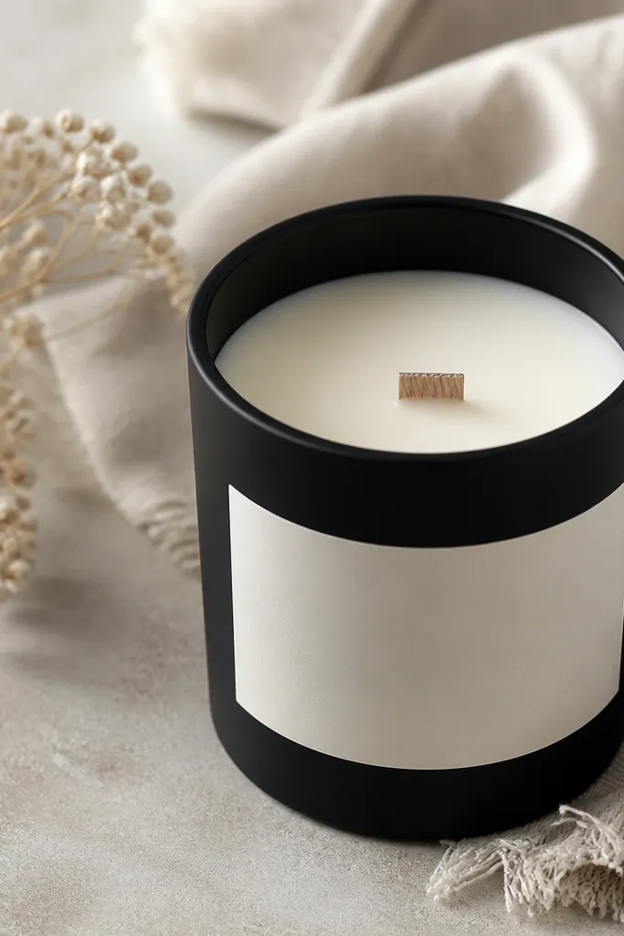 A matte black painted glass jar candle with a clean label strip and a flat cotton wick. The wax top is smooth and pale, with no visible bubbles.